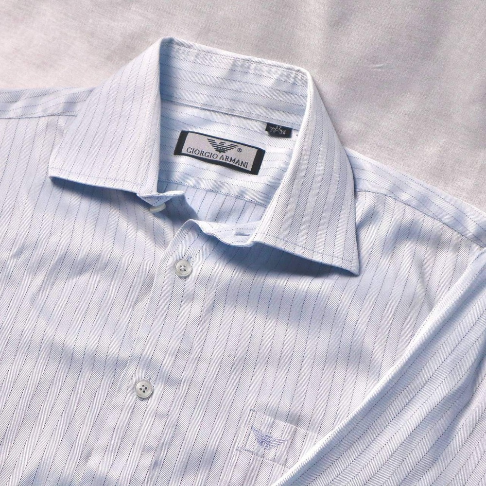 Giorgio Armani Mens Dress Shirt Blue Pinstripe Size 17 33-34 Luxury Button Down